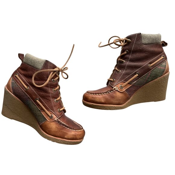 Sperry Bailey Wedge Ankle Boots Brown Leather Plaid Textile Panel Lace-Up Size 8 - Picture 2 of 8